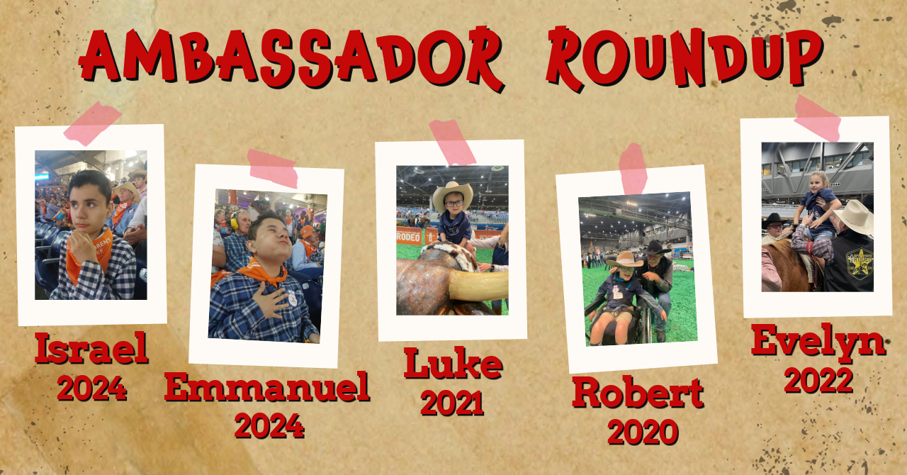 Ambassador Roundup: Pictures of past ambassadors at Rodeo Houston. Israel 2024, Emmanuel 2024, Luke 2021, Robert 2020, Evelyn 2022.