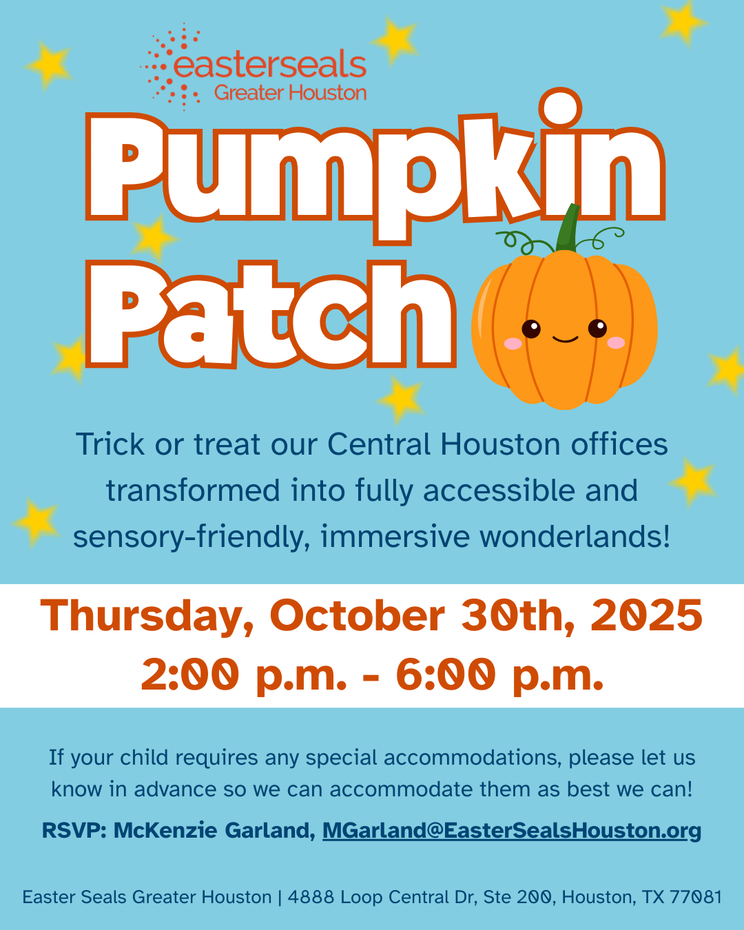 Pumpkin Patch 2025 (3) Flyer for Easter Seals Greater Houston's Pumpkin Patch on Thursday, October 30th, 2025, from 2-6PM.